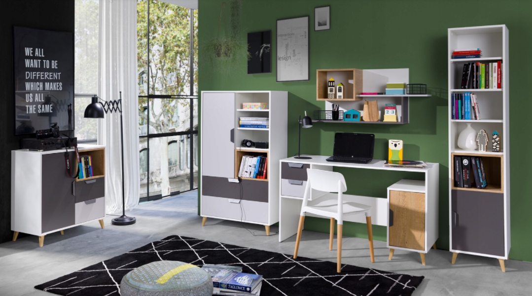 MŁODZIEŻOWE duże biurko z szafką szary biały kolor Wysokość mebla 76 cm