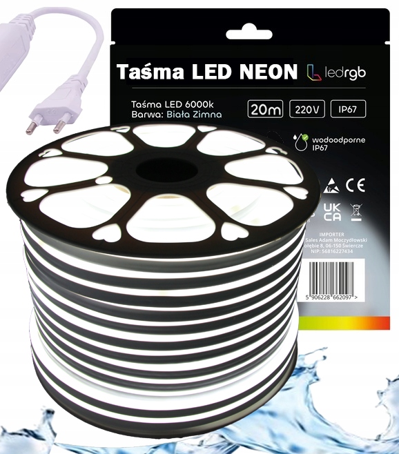 Zestaw Taśma Led Neon 220V 230V 20m 6000K Biała Zimna Zasilacz IP67 120/m