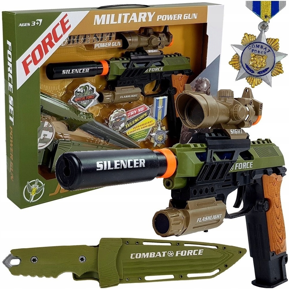 PISTOLET Z TŁUMIKIEM ZESTAW WOJSKOWY REWOLWER CELOWNIK LASEROWY NÓŻ MEDAL