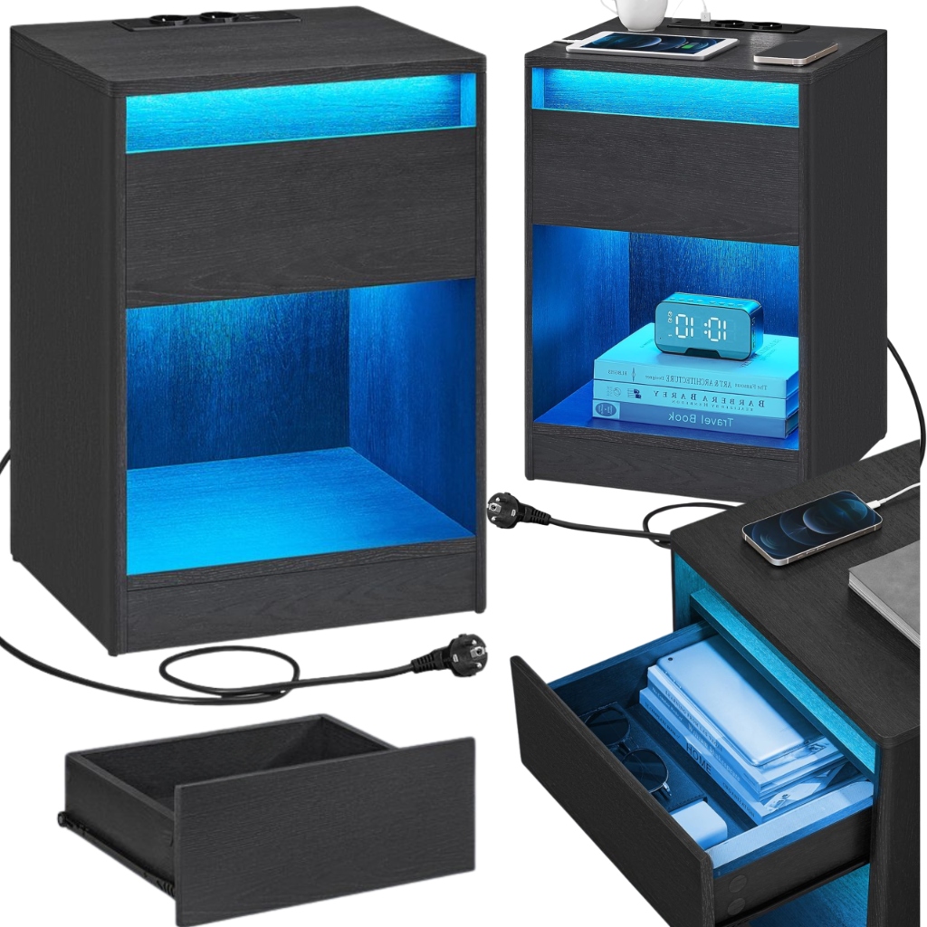 Stolík Čierny s Led osvetlením Nabíjačka na telefón Skriňa Nočný stolík