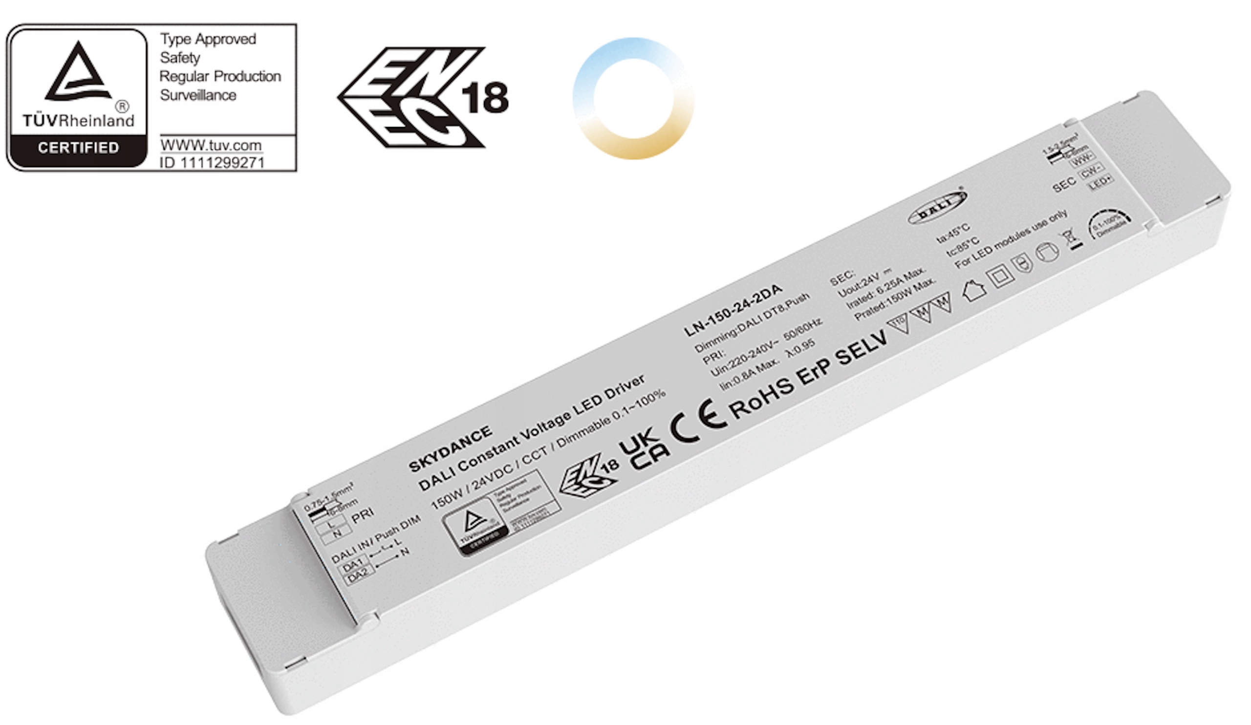 LN-150-24-2DA Led nábytkový napájecí zdroj DALI2 (DT8) IP20 24V 150W Pfc Skydance
