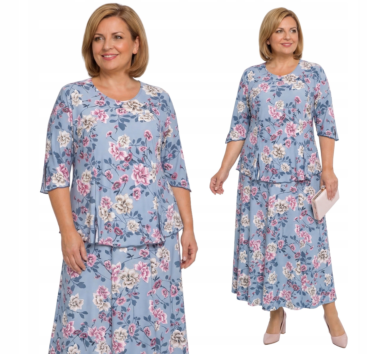 Světle modrý komplet s květinami plus size velikost 60/62