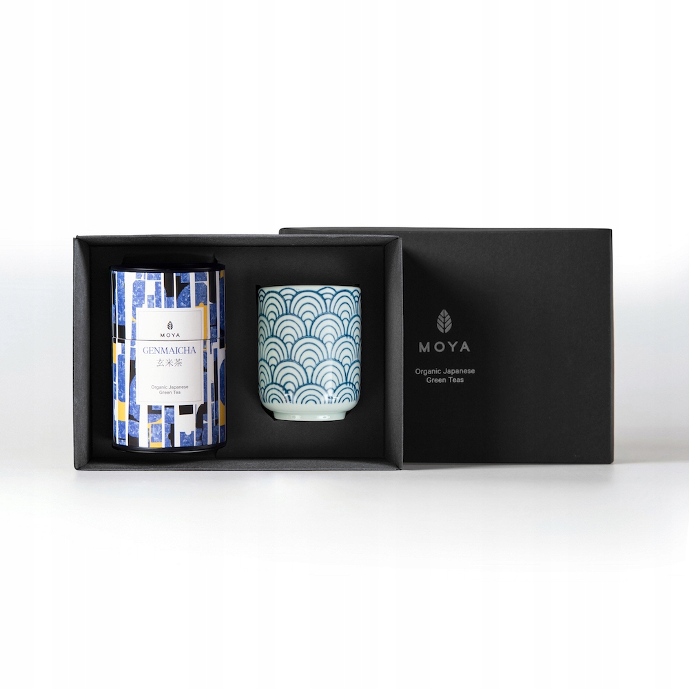 Dárková sada organického zelený čaj Moya Genmaicha a hrnku Choseki