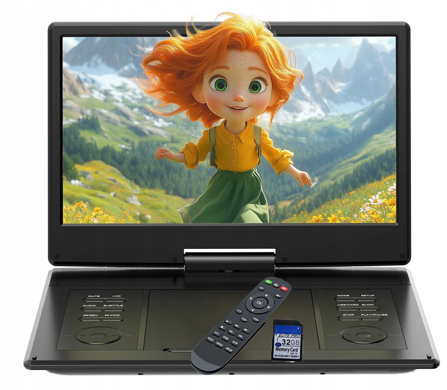 15.7" přenosný DVD přehrávač s otočnou obrazovkou o úhlopříčce 14" a 32 Gb