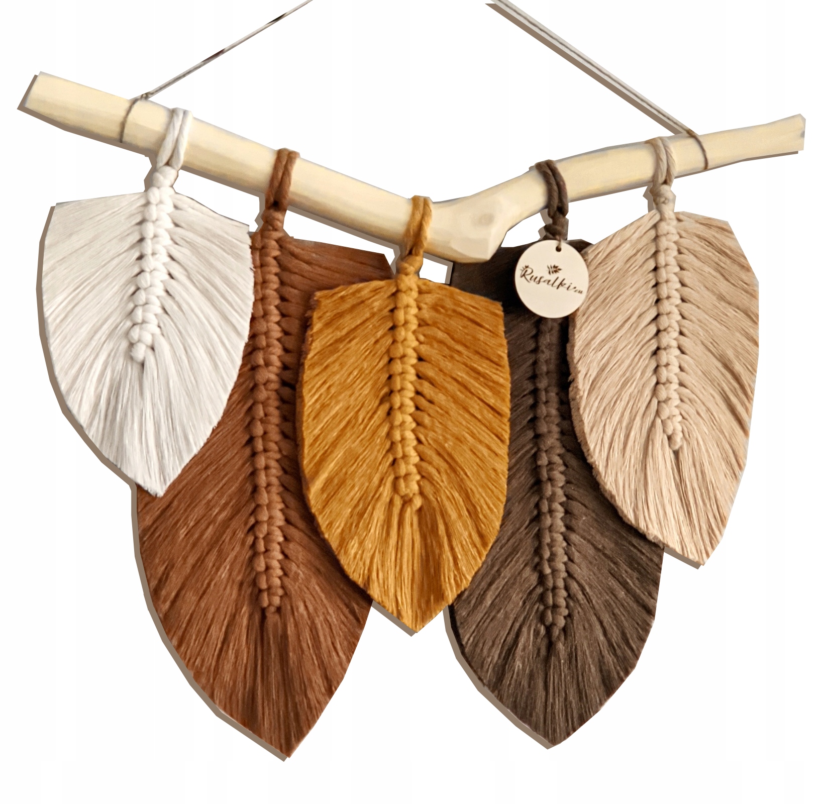 makrama peří, hnědé lístky, hořčicové