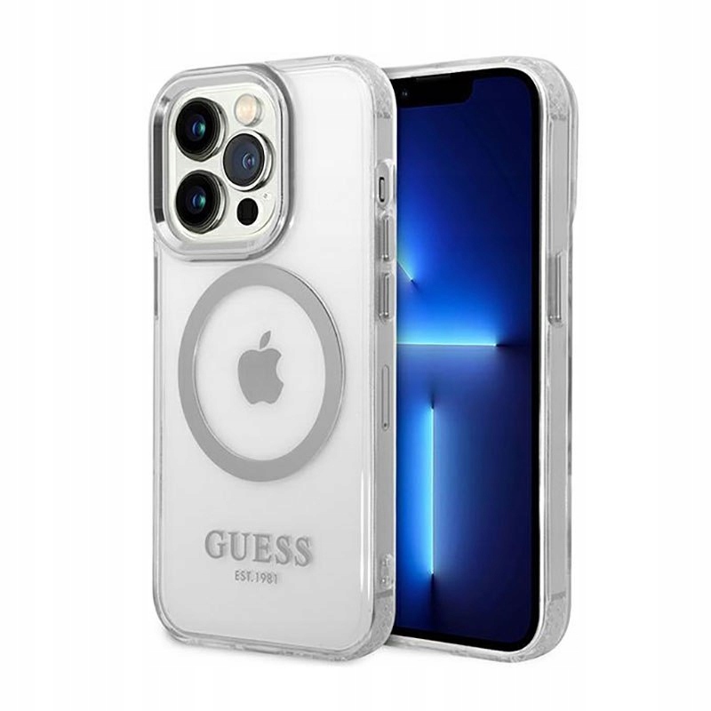 Pouzdro Guess Metal Outline MagSafe pro iPhone 14 Pro průhledný /stříbrné)