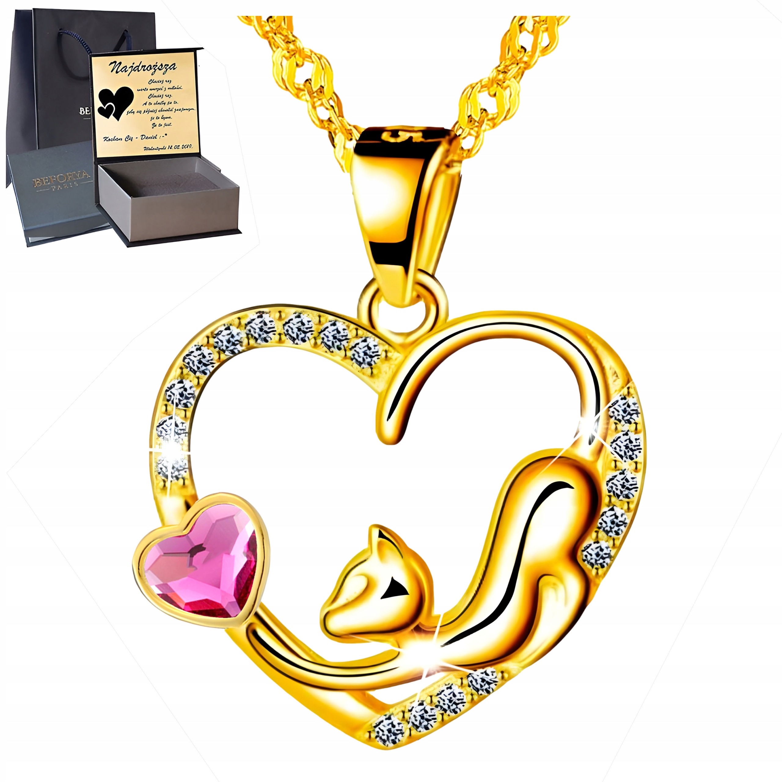 Zlatý náhrdelník Stříbro 925 Pozlacený Přívěsek na Dárek Zirkony Kočka Srdce