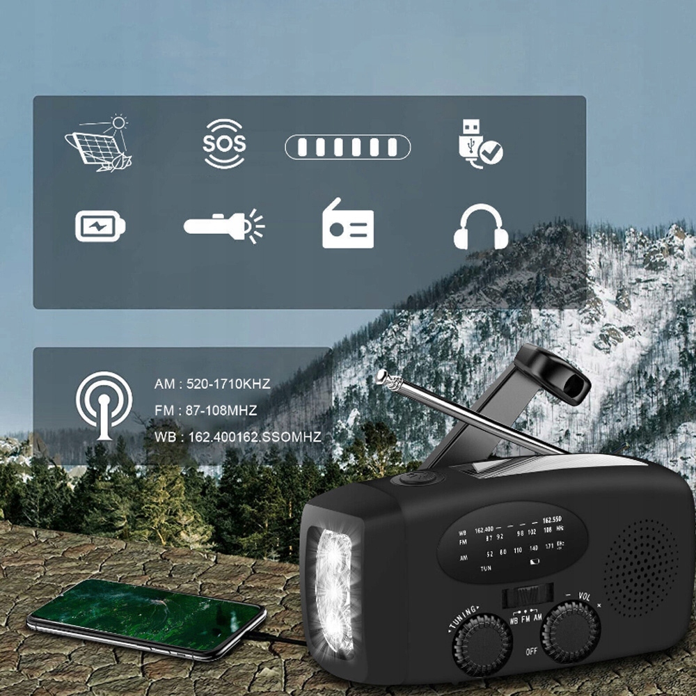 RADIO AWARYJNE SOLARNE AM FM SOS 2000MAH KORBA RĘCZNA Z LATARKĄ LED Szerokość produktu 12.7 cm