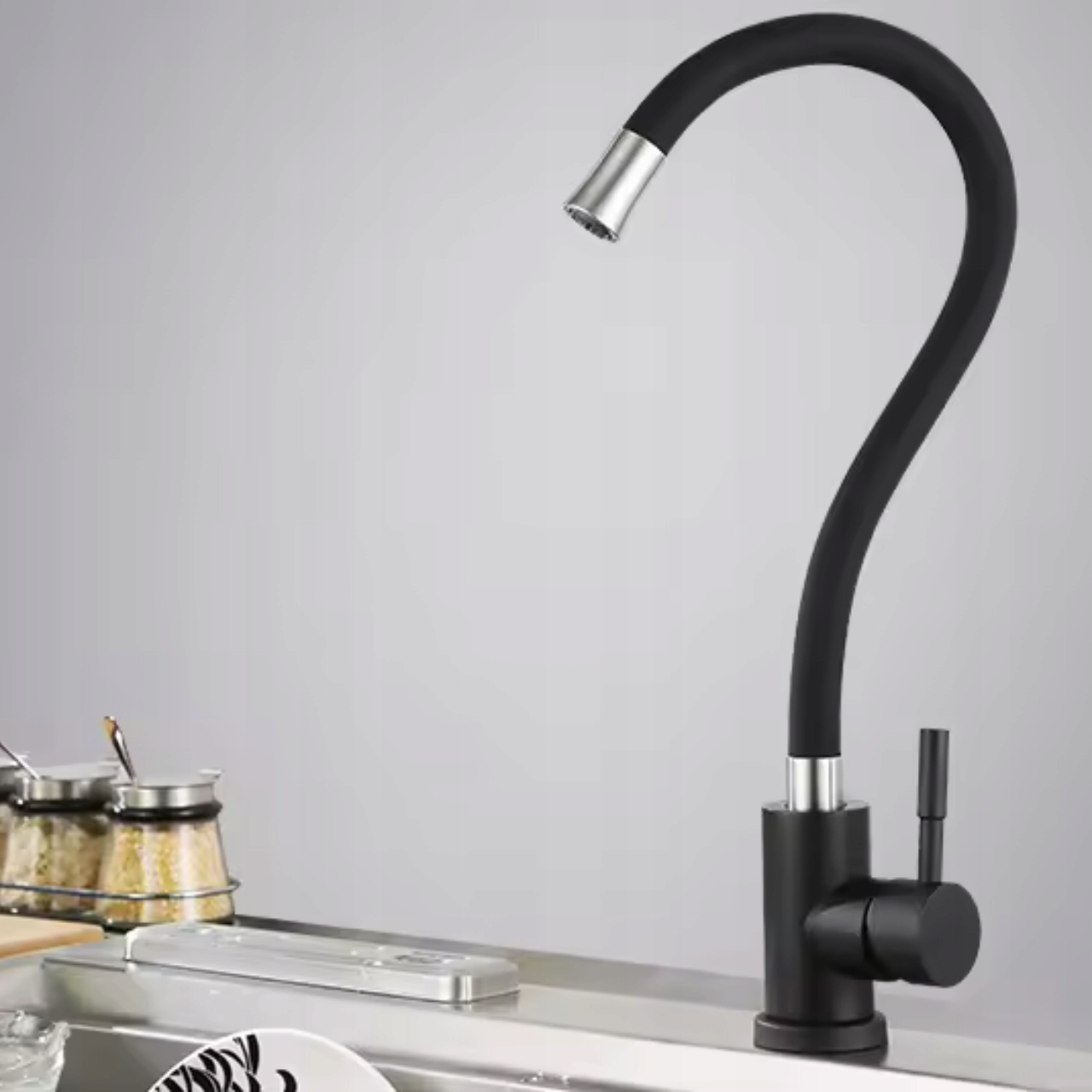 DELVANT FLEX BATERIA KUCHENNA Z ELASTYCZNĄ WYLEWKĄ STOJĄCA CZARNA CHROM Linia FLEX