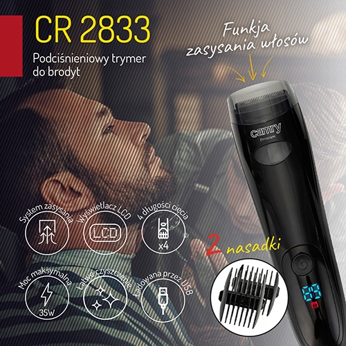 CR 2833 Trymer do Brody z Zasysaniem Włosów, LCD, Bezprzewodowy