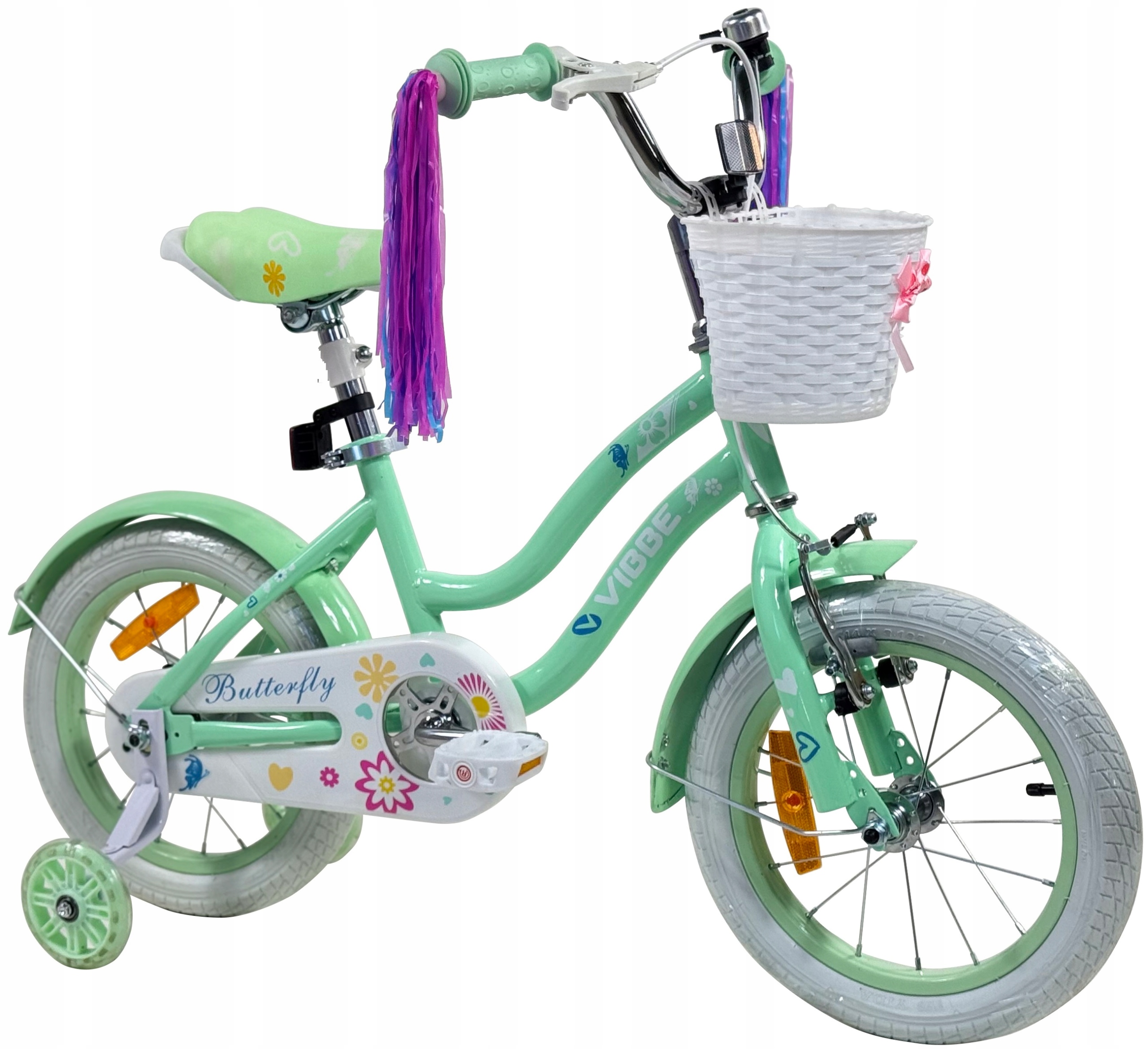 Rowerek Dziecięcy 14 Cali Prowadnik Boczne Koła Rower Kosz dla dziewczynek