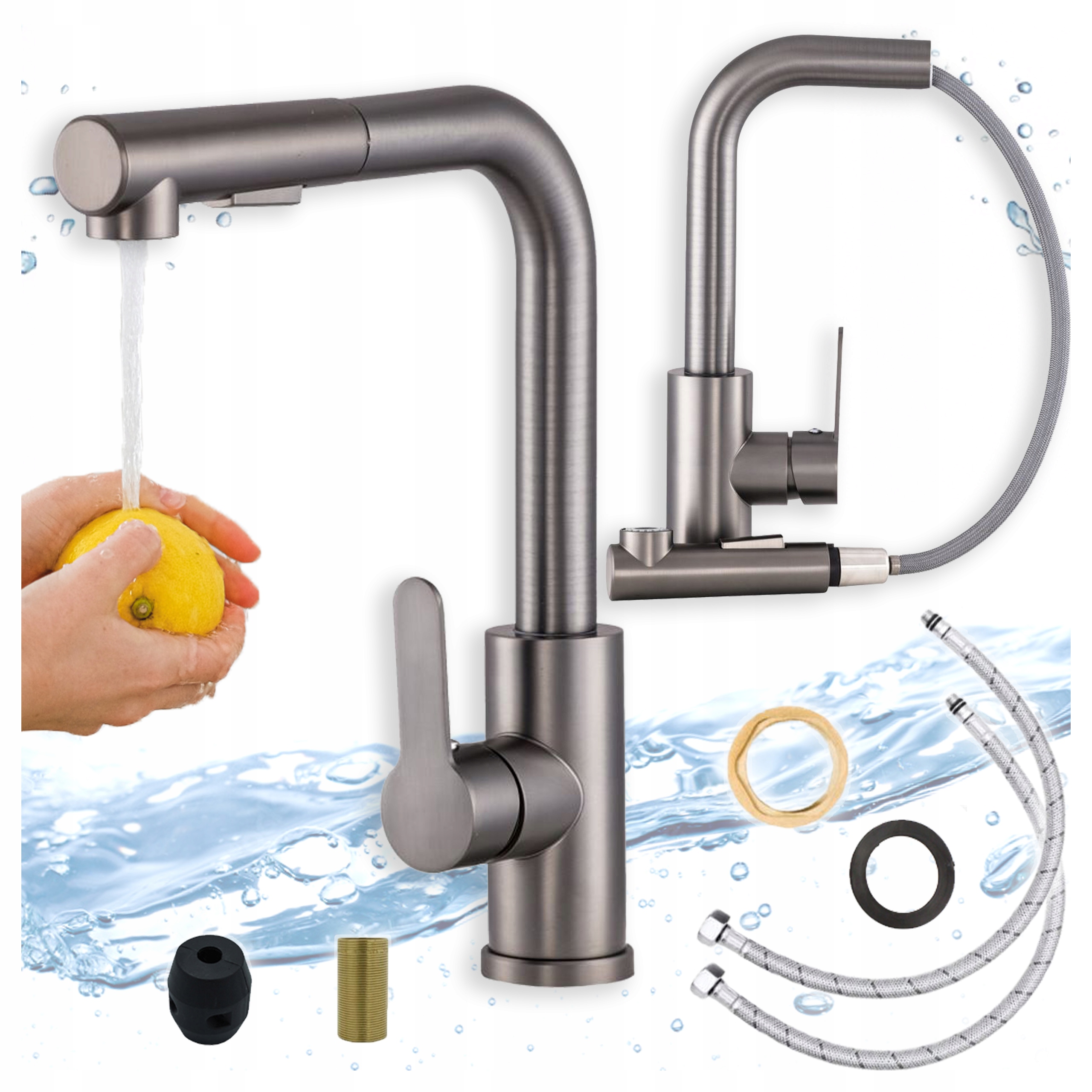 Kuchynská batéria Vica Gun Metal, výsuvná, pružná, výtoková, Kuchynská