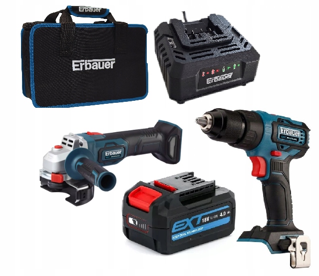 ## Zestaw Wkrętarka Szlifierka Kątowa Erbauer 18V Akumulator 4 Ah
