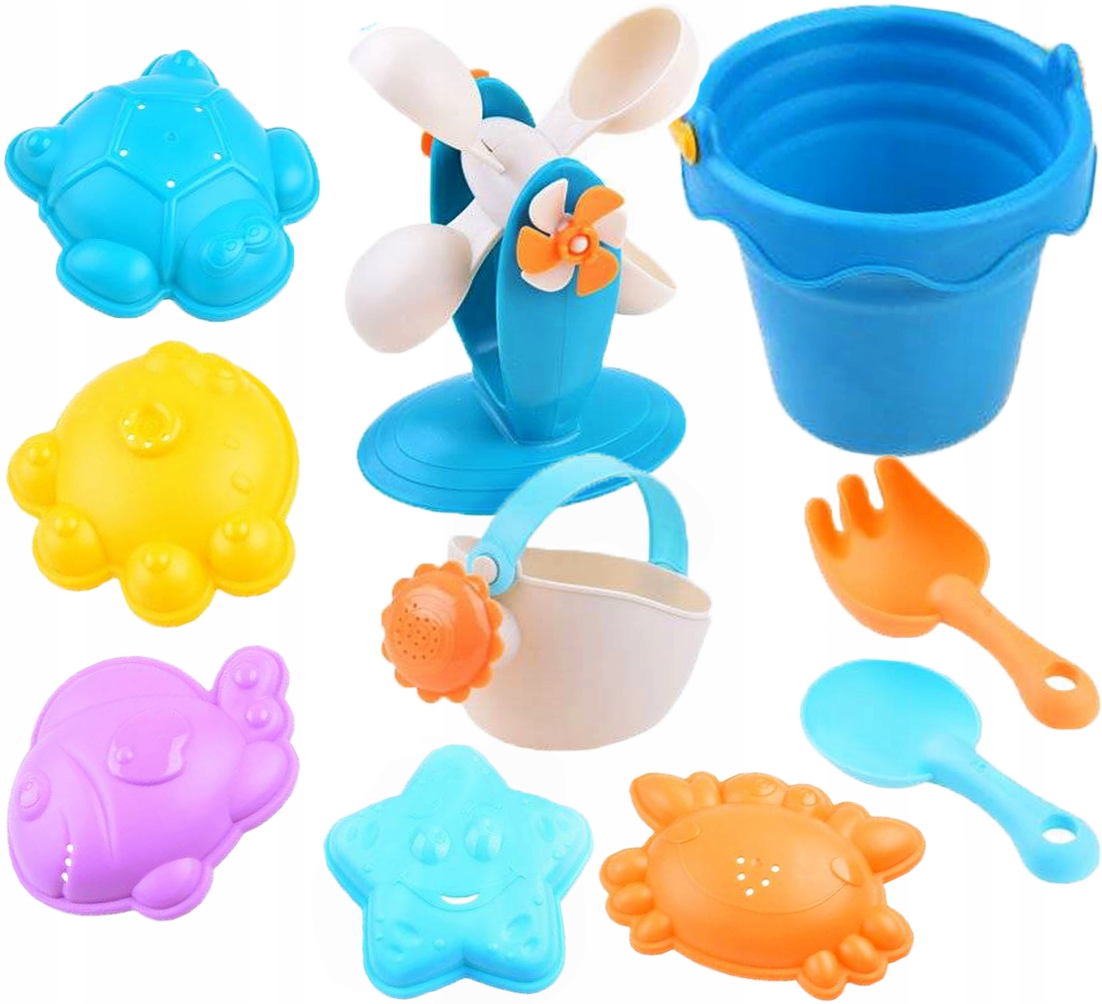 ZESTAW ZABAWKI DO PIASKOWNICY WODY MIĘKKIE WIADERKO FOREMKI 10 elementów