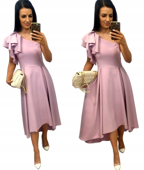 Šaty na Svatební Hostina Midi Asymetrické s Falbanami Elegantní Růžová XL