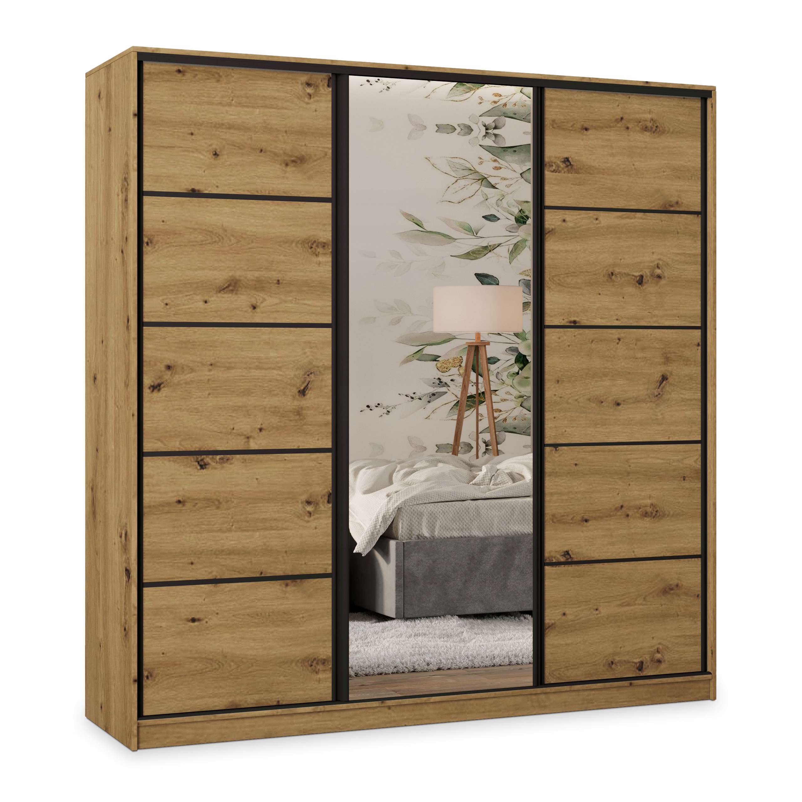 Skříň Pina 200 cm se zásuvkami a zrcadlem, třídveřová, dub Artisan