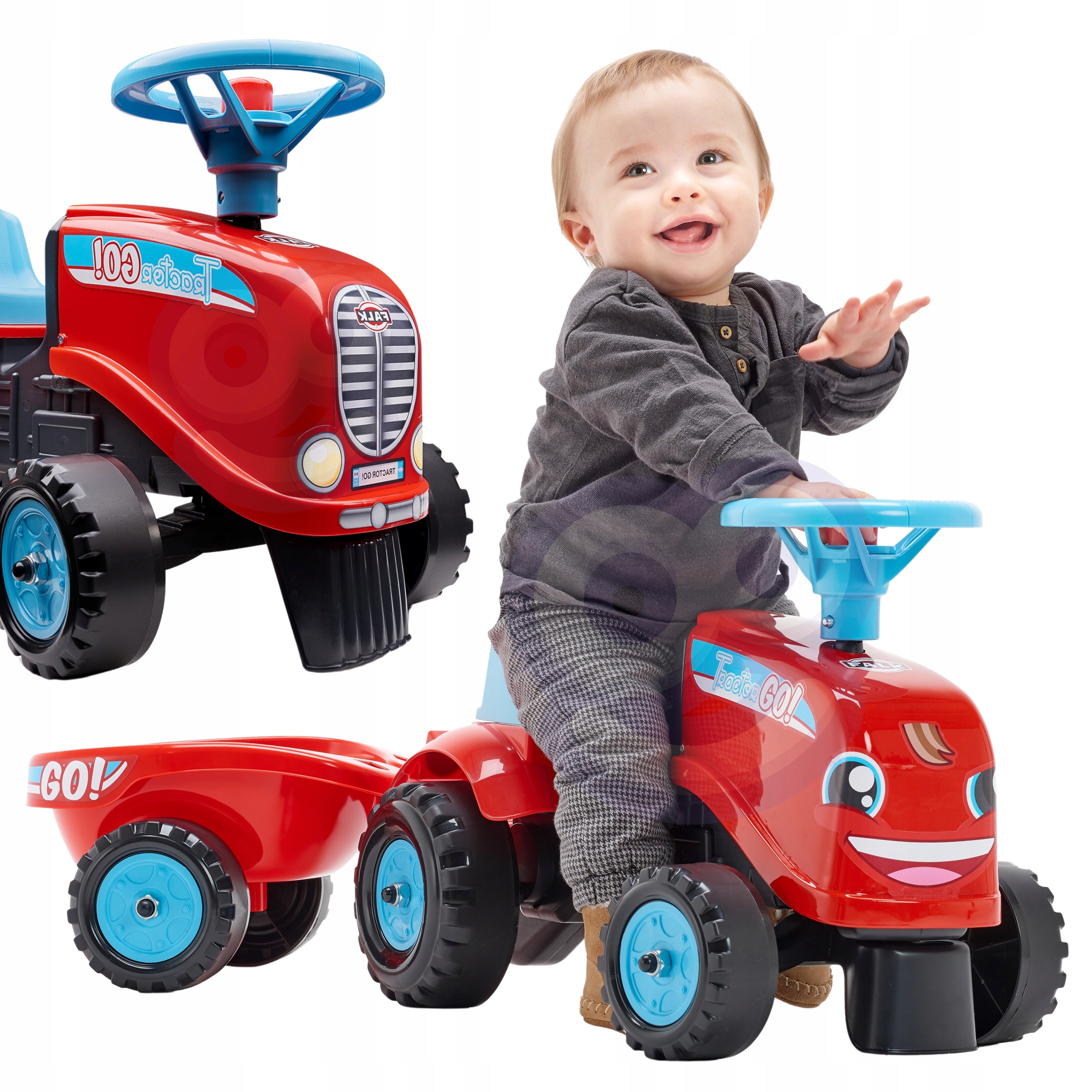 Jeździk Traktorek Dzieci Przyczepką Odpychacz Przyczepka Biegowy Go 1+ Falk