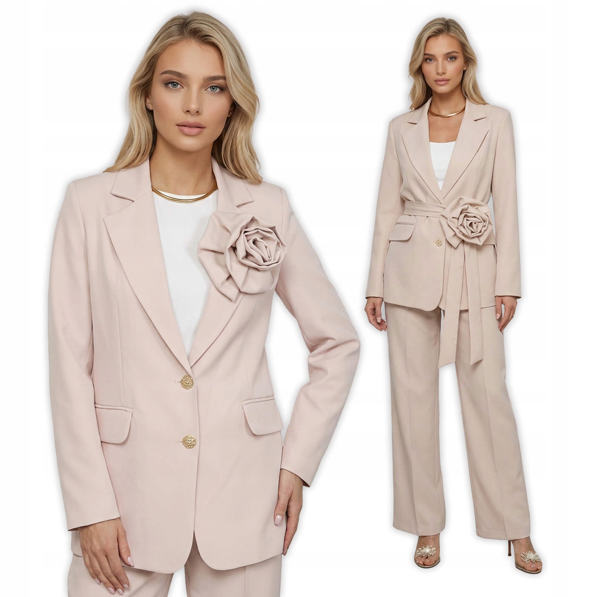 Elegantní sako s páskem a ozdobnou růží, béžová 34