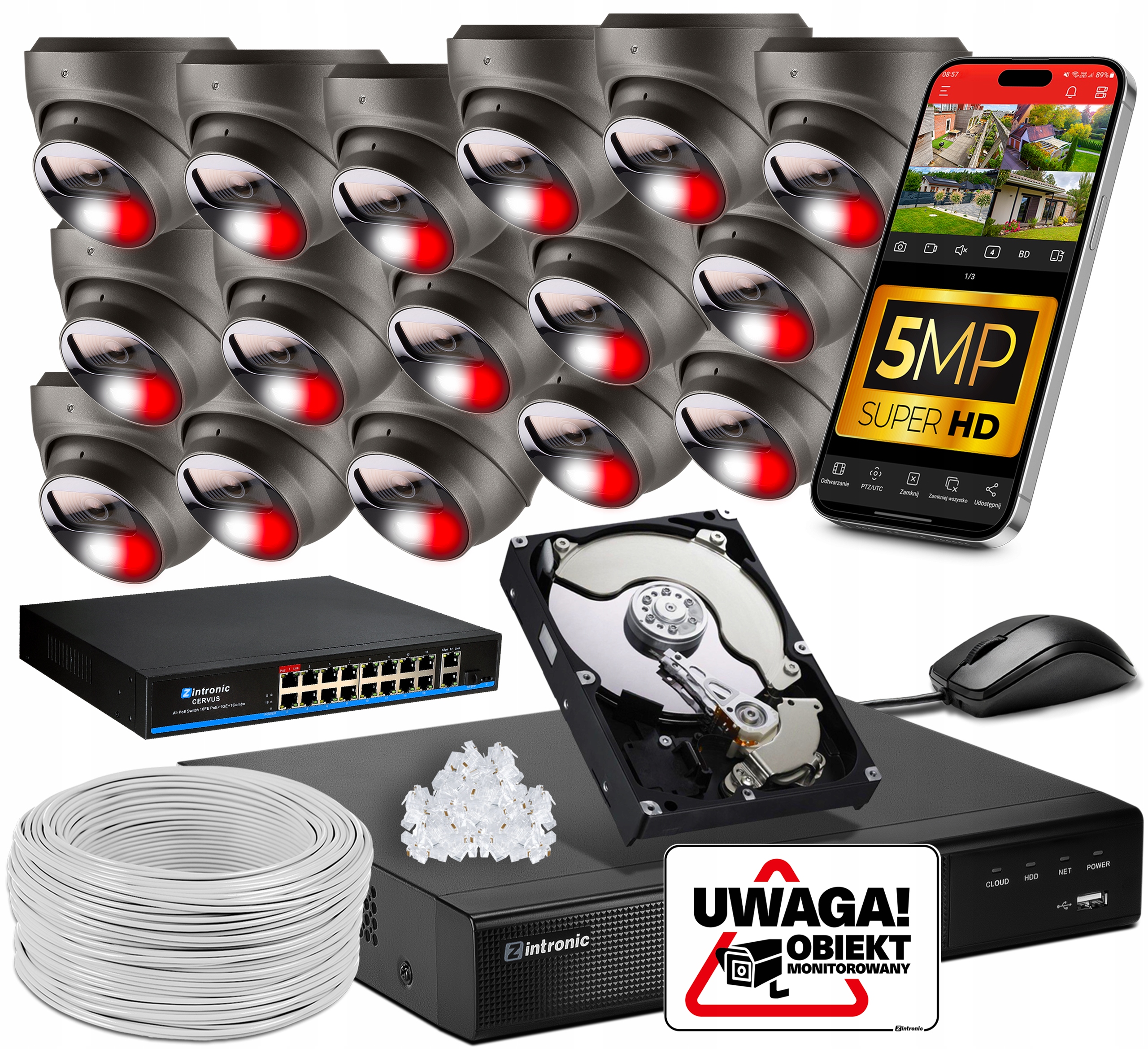 Sada Ip PoE Monitorování 16 Kamer 5MPx Šedá Audio Detekce 1TB Switch