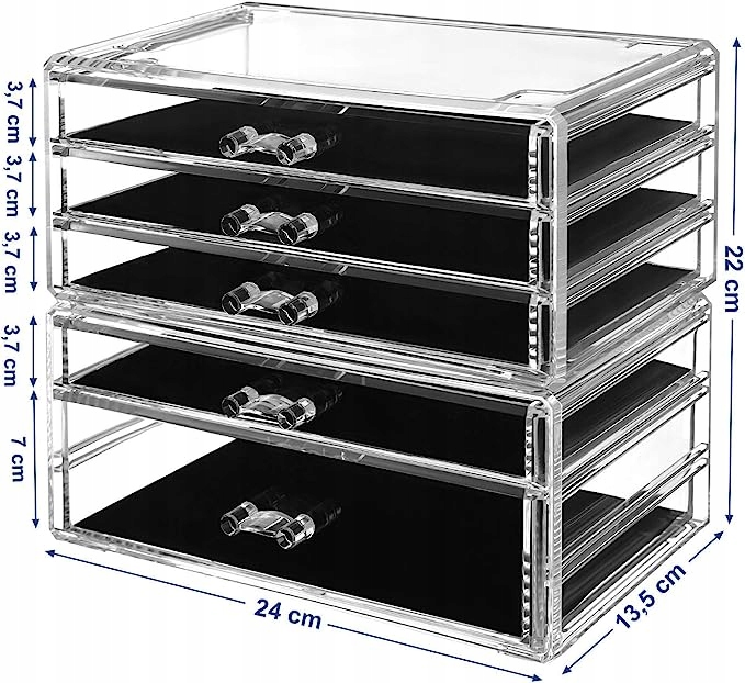 ORGANIZER NA KOSMETYKI BIŻUTERIĘ SZUFLADY SZKATUŁKA PUDEŁKO TRANSPARENTY XL Głębokość produktu 14 cm