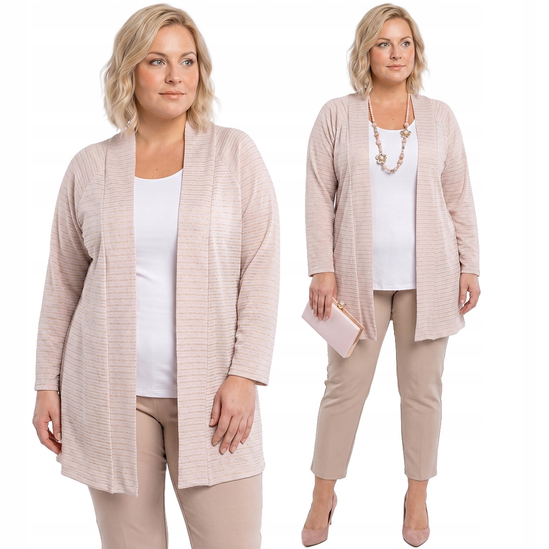 Béžový kardigan se zlato-stříbrnými pruhy plus size velikost 60