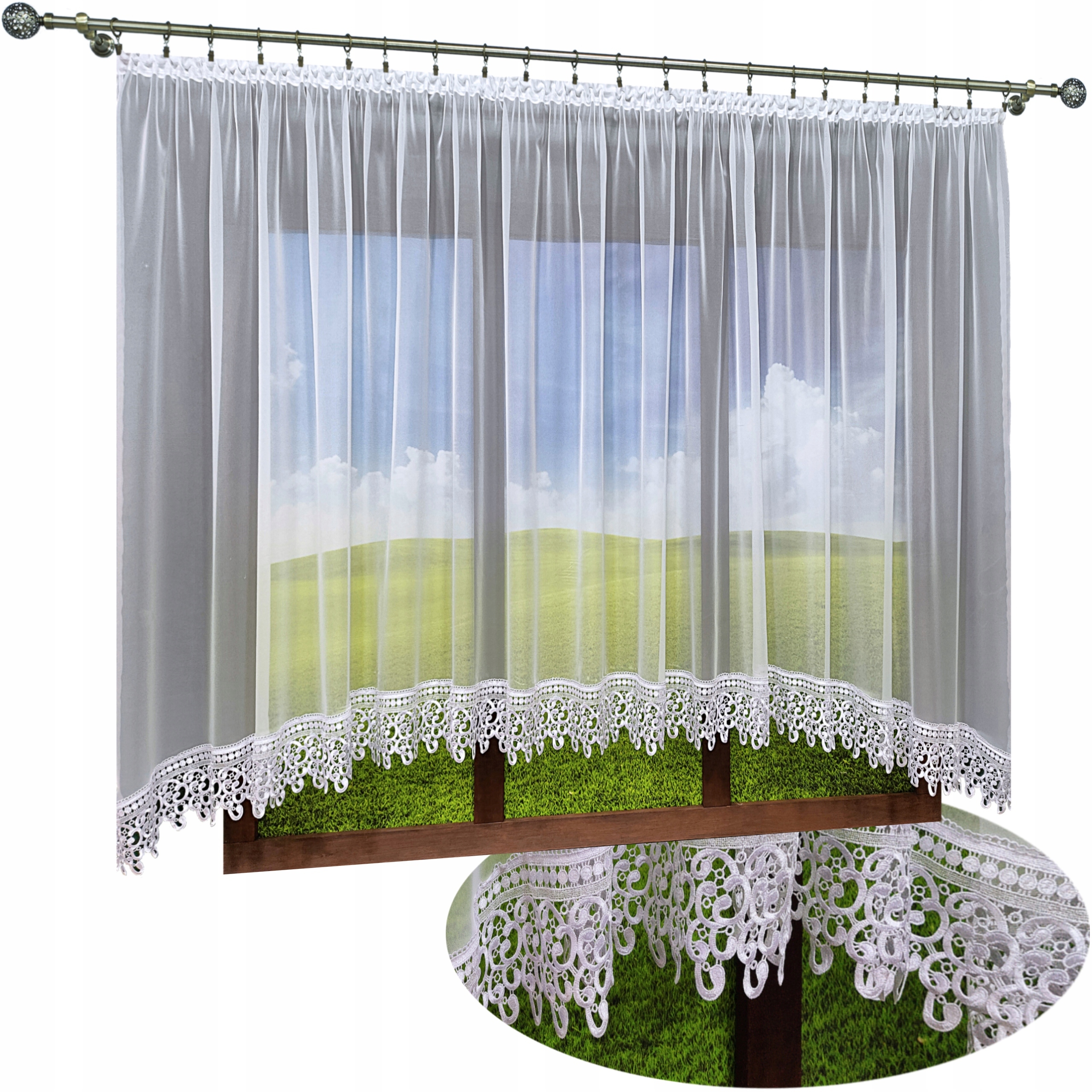 Firany Gotowe Biała Gotowa Firana Gipiura Koronka 600x130 Tunel Żabki łuk