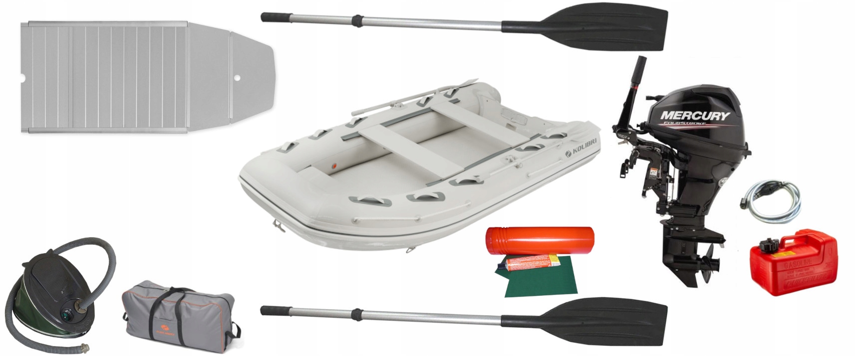 Raft Kolibri KM-360DXL Alu Popiel Kil Motor Mercury Mh F15 15HP rumpel