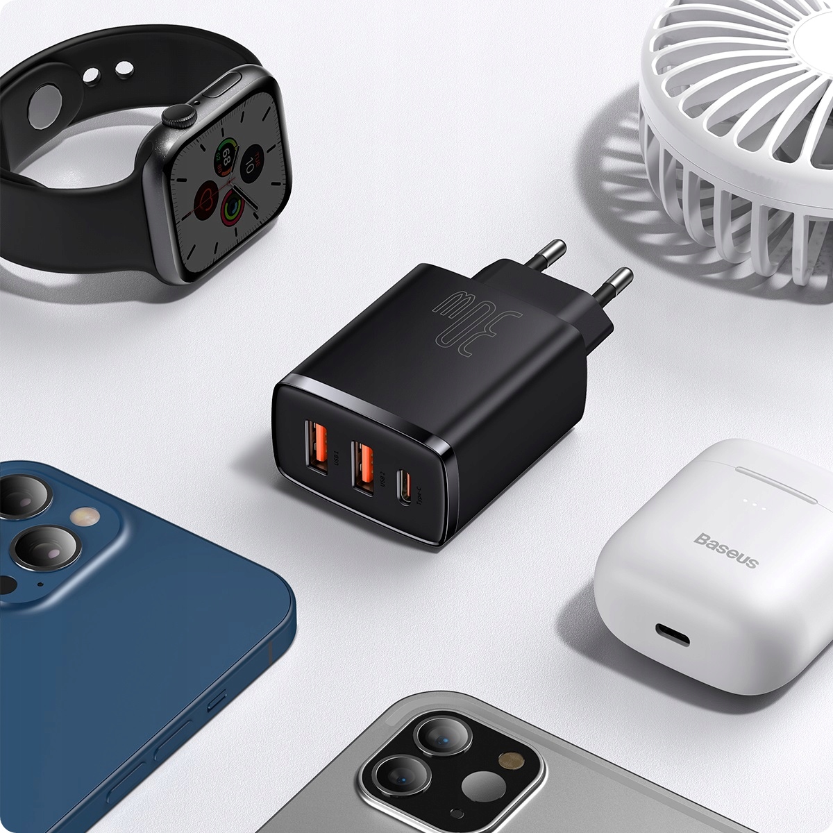 BASEUS SZYBKA ŁADOWARKA SIECIOWA DO TELEFONU 3X USB USB-C 30W PD QC 3.0 AFC Marka Baseus