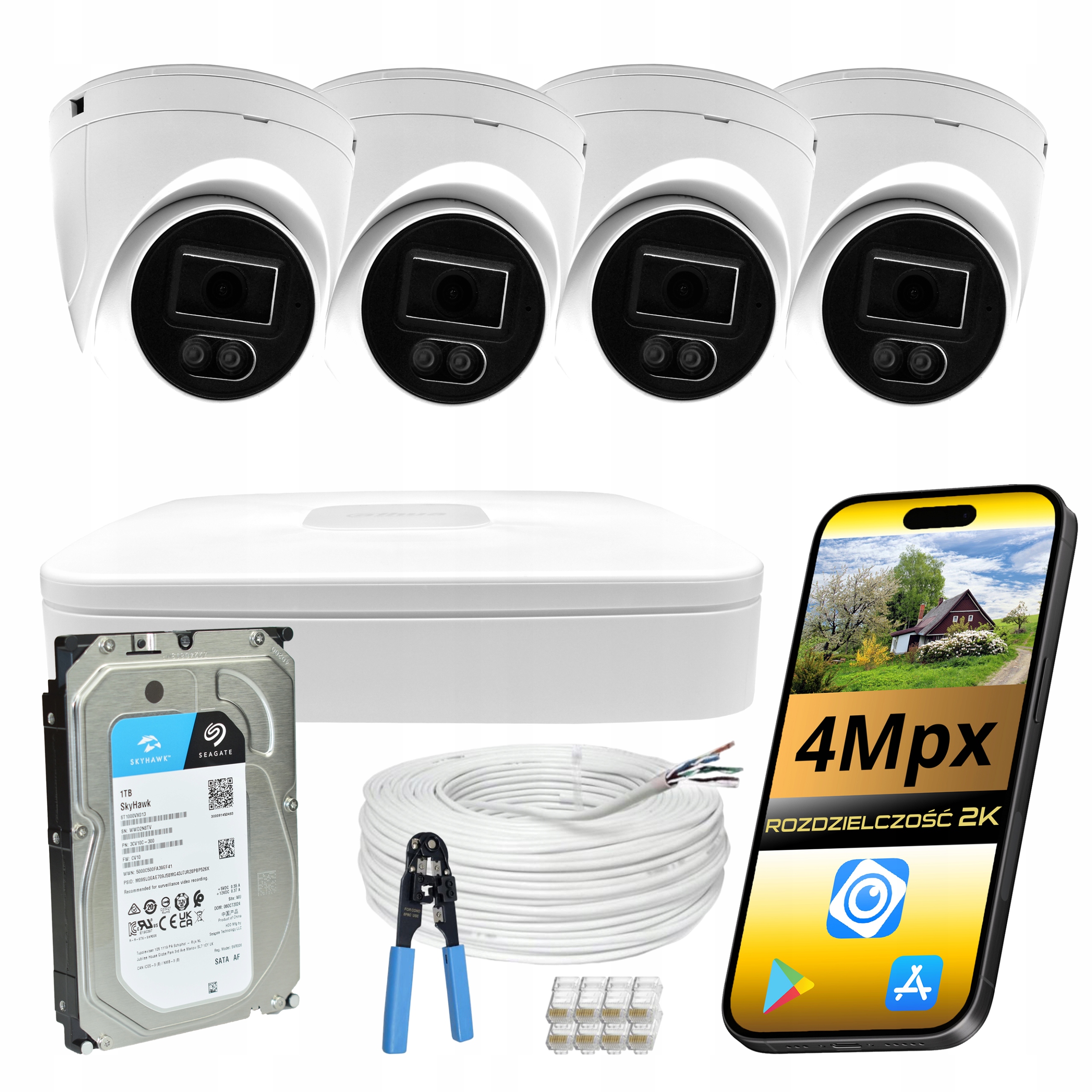 Set Pro Monitorování Dahua 4x Kamera 4MPX Kopulová Barva V Noci Disk 1Tb