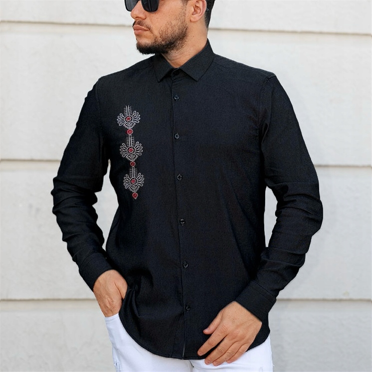 Černá Pánská Slim Košile Elegantní M Casual Horská Vyšívaná Vánoční