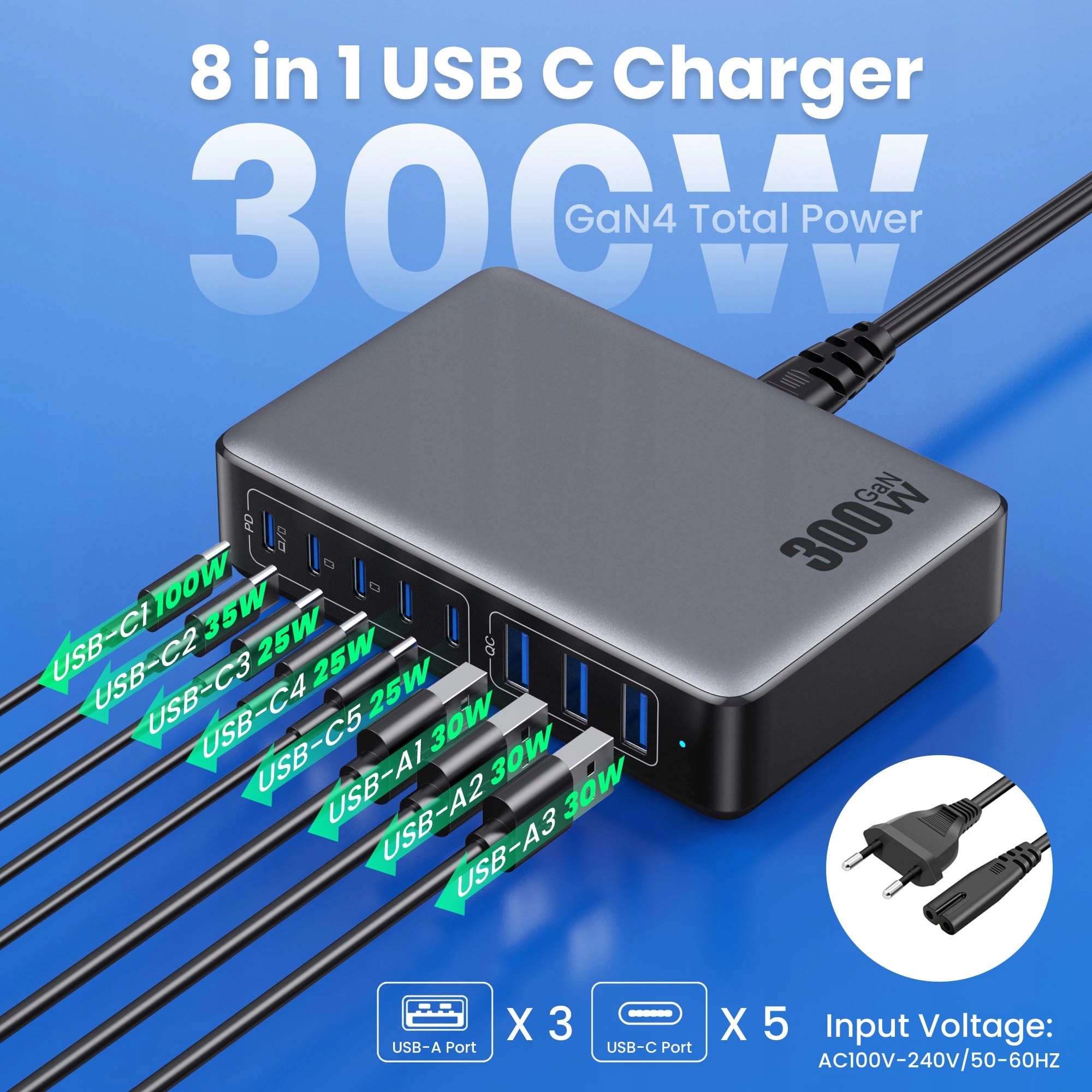 CHARGERPRO Stacja Ładowania USB 300W 8 Portów 5 USB-C 3 USB-A — miniatura 6