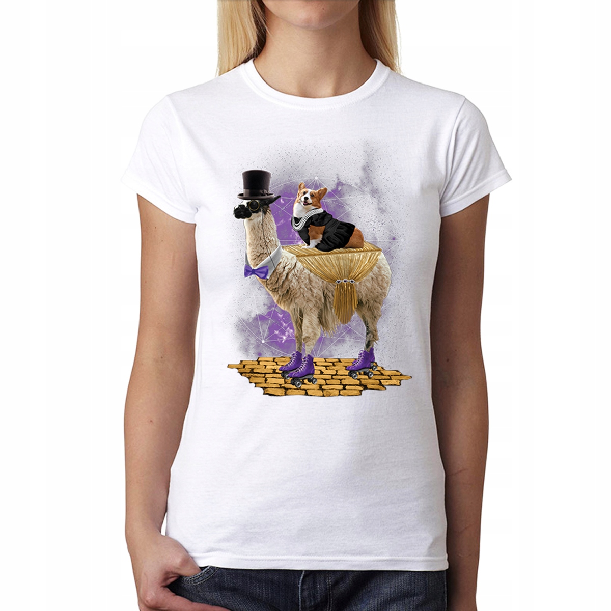 

Walijski Corgi Lama Rolki T-shirt Damski Biel S
