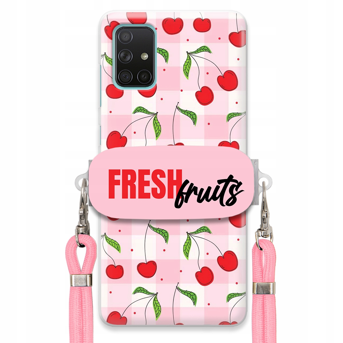 Pouzdro pro Samsung A71 Case Držák Šňůrka Růžová Fruits Mřížka Ovoce