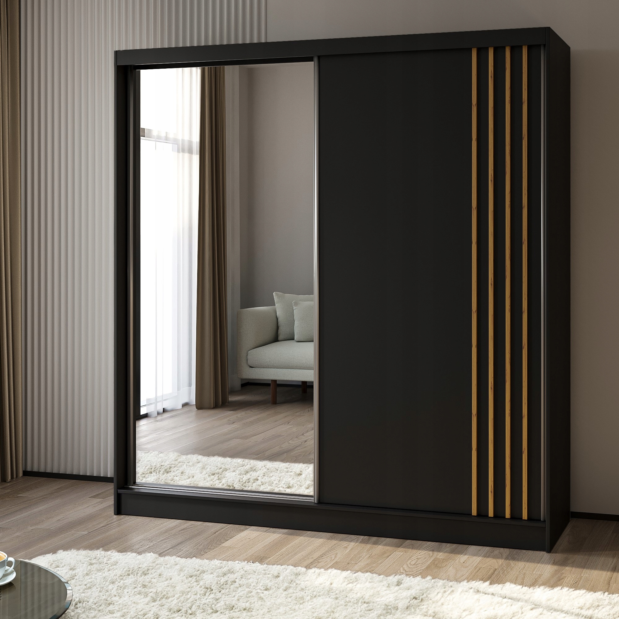 Skříň dvoudveřová Nelvia 200 cm Skříň se zrcadlem Posuvná černá