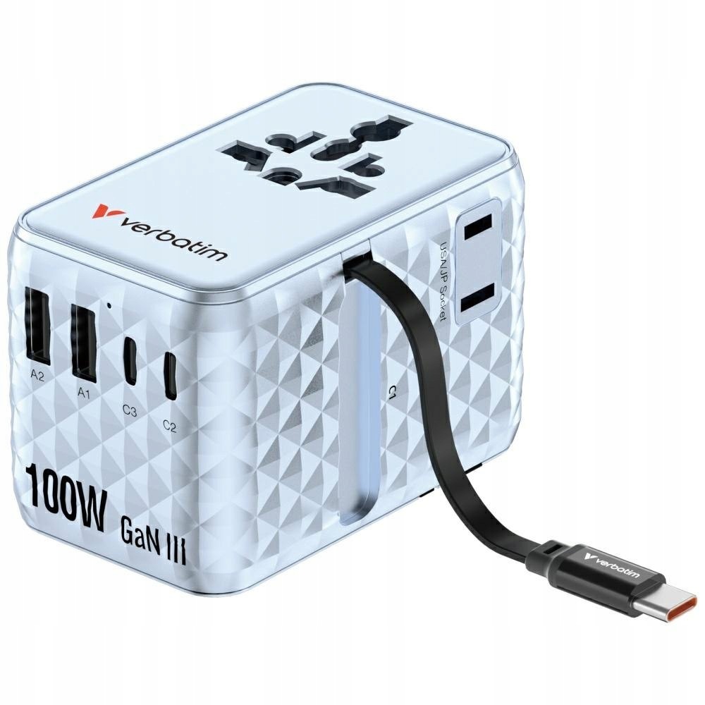 Verbatim Adapter podróżny Eu/uk/us GaN 2xUSB-C/2xUSB-A/1xUSB-C Pd 100W nieb