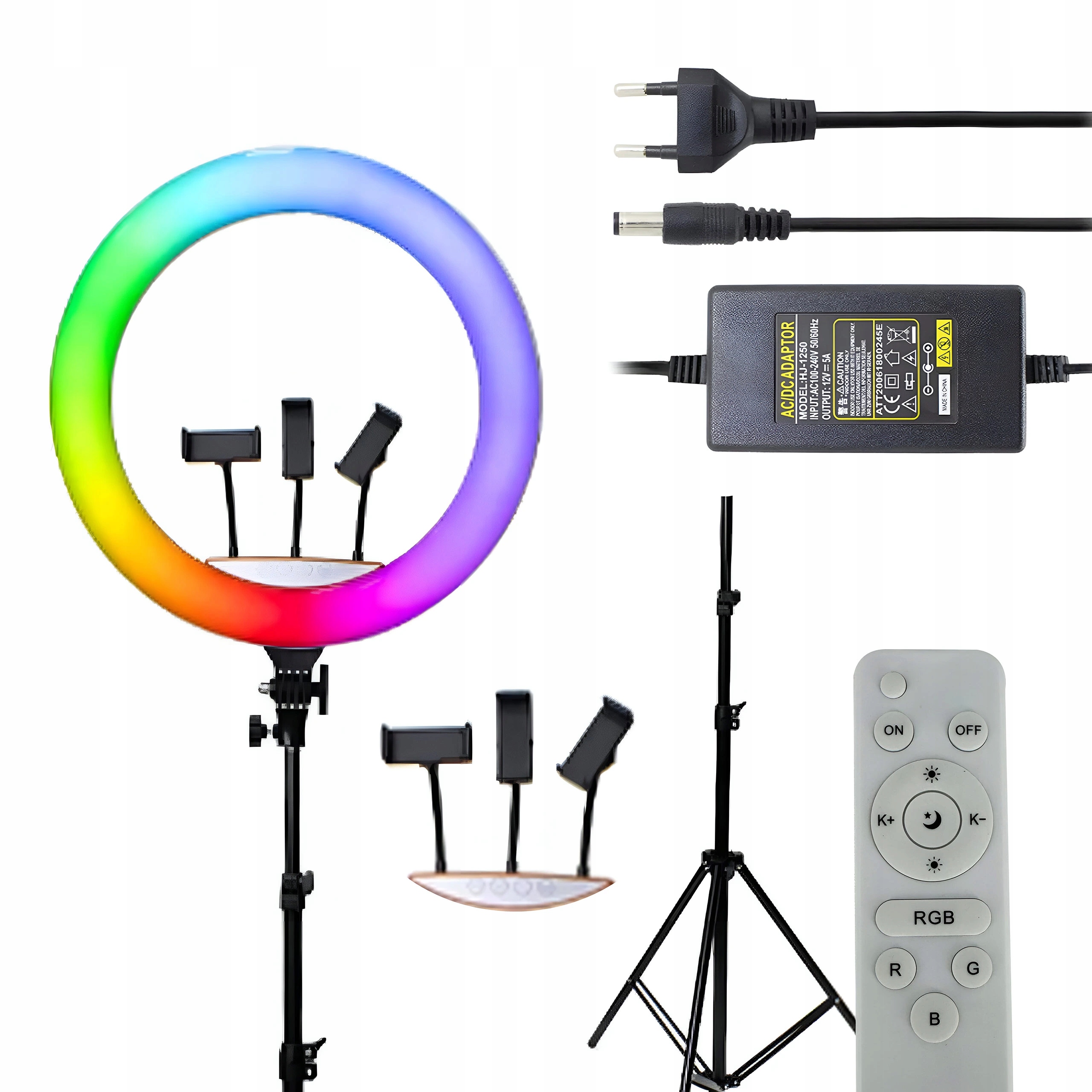 kruhová lampa Led Rgb se stativem 47 – 190 cm, 3 držáky telefonu Pilot