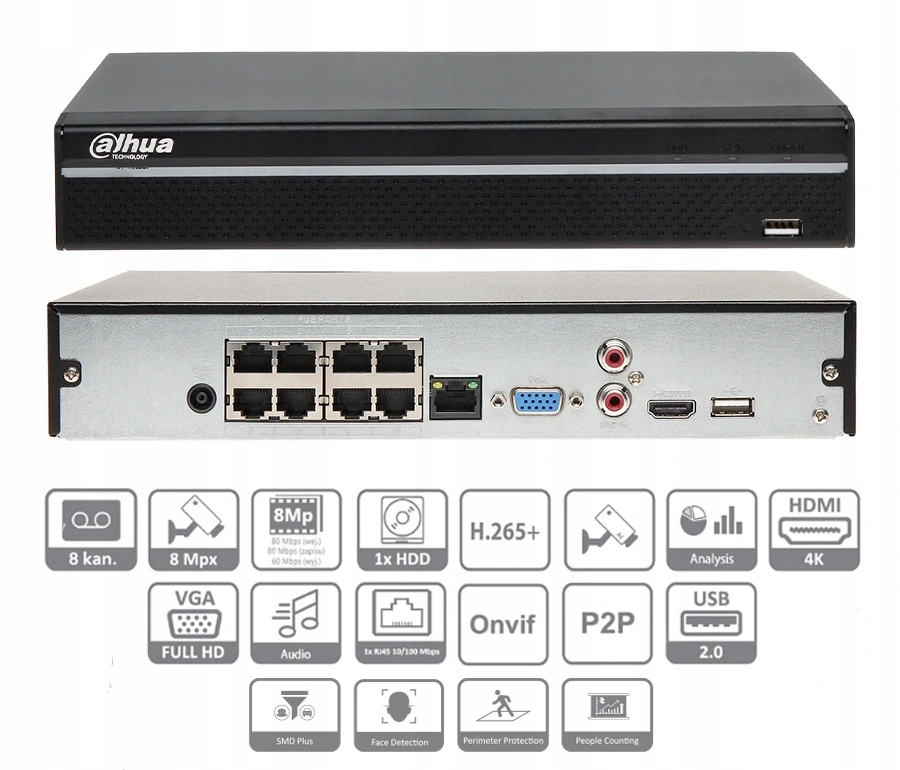Rejestrator IP NVR4116HS-8P-4KS2 Dahua 8 Mpx 8xPoE Marka Dahua