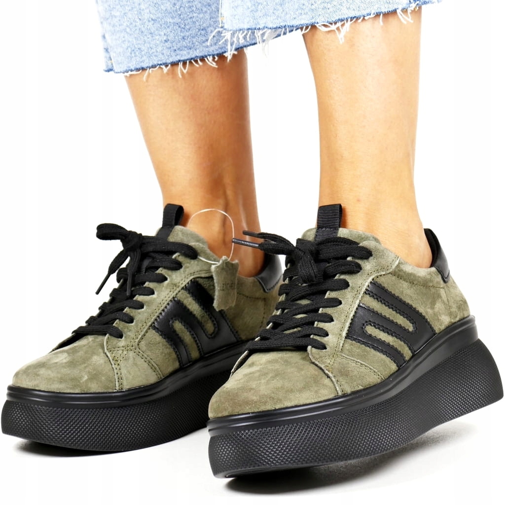 Khaki Zelené Polobotky Tenisky Z Kůže Tenisky Na Silné Podrážce New 40