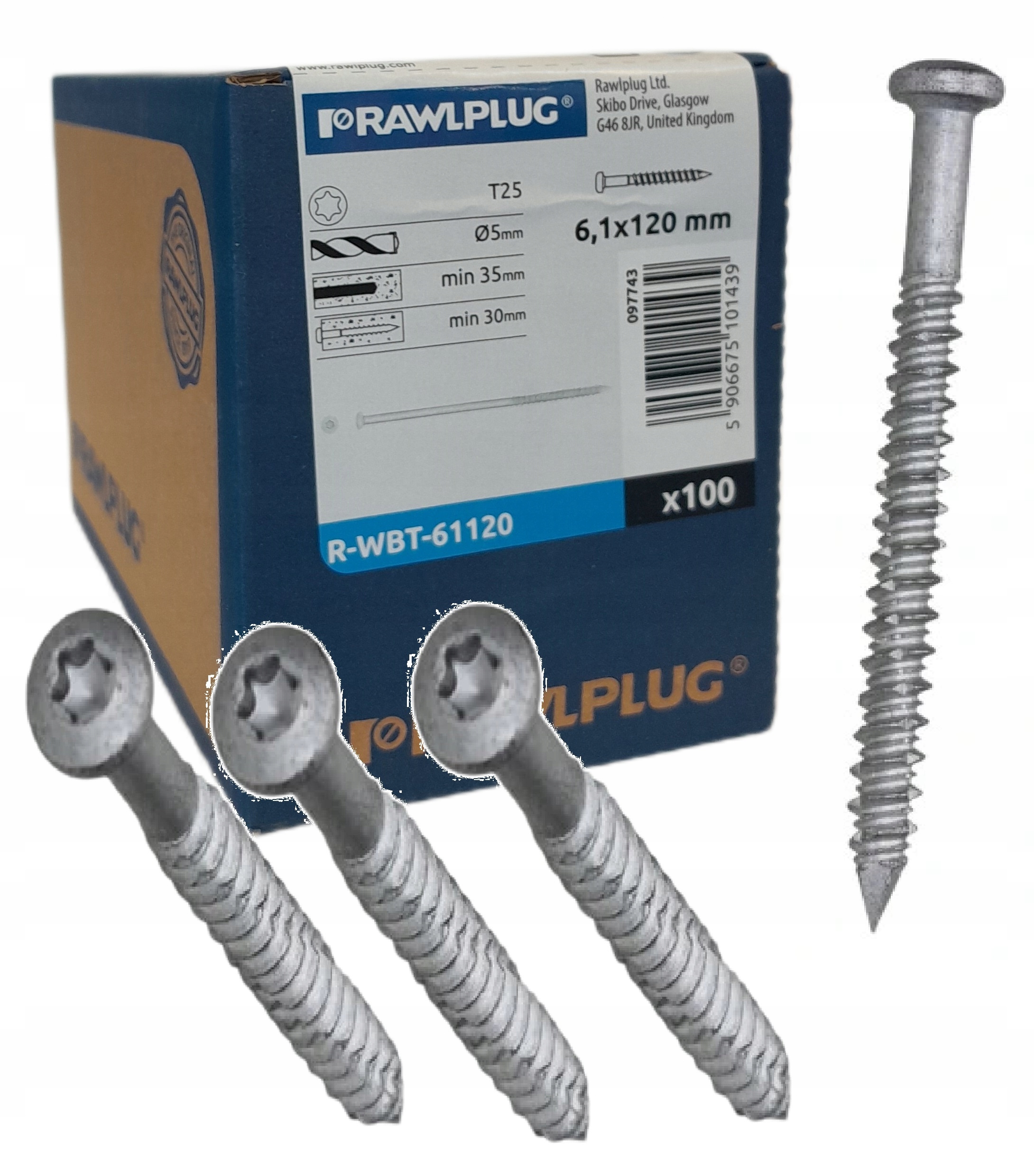 Rawlplug Wkręty Dachowe izolacji do betonu drewna 6,1x120mm 100szt TX25