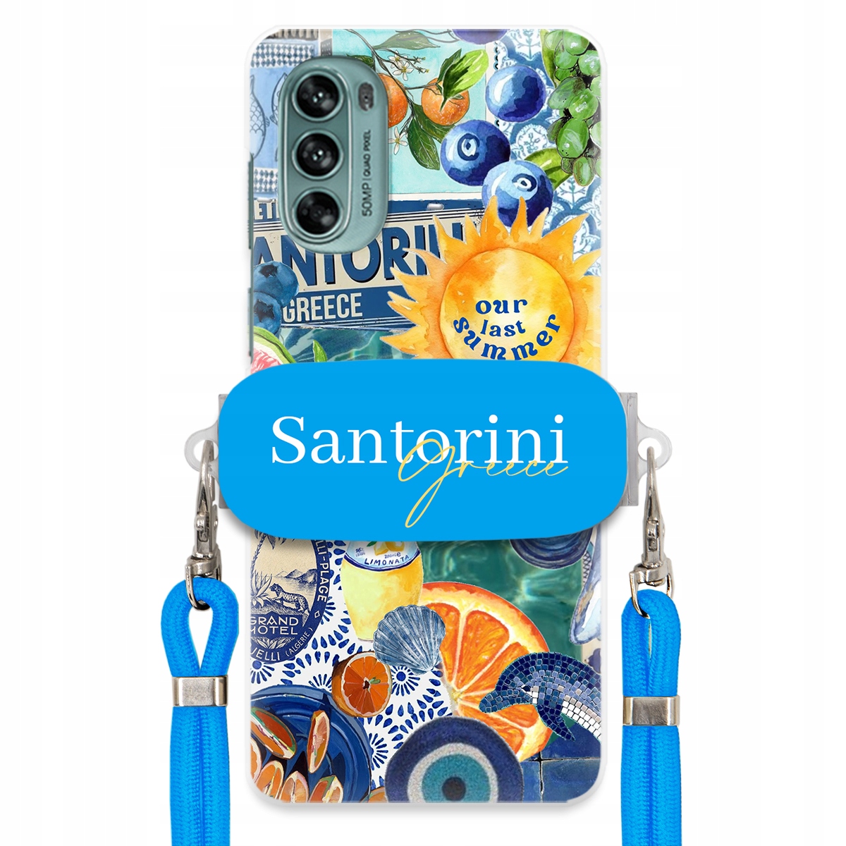 Puzdro pre Motorola G62 5G Modré Crossbody vodítko držiak Santorini Greece