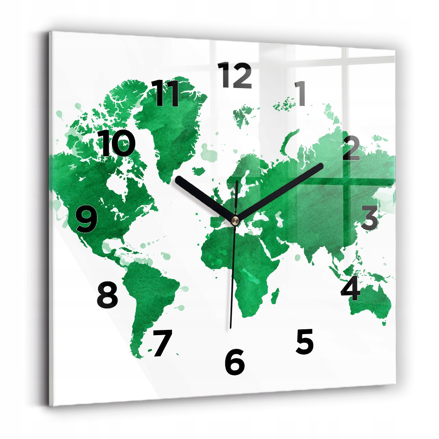 Čtvercové skleněné hodiny na zeď s grafikou Zelená mapa světa 30x30 cm