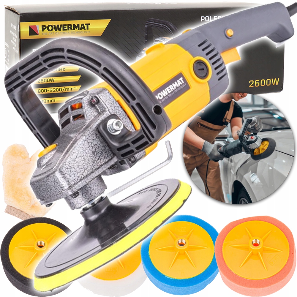 POLERKA SAMOCHODOWA DO LAKIERU SZLIFIERKA 2600W 4X GĄBKA FILC + RĘKAWICA