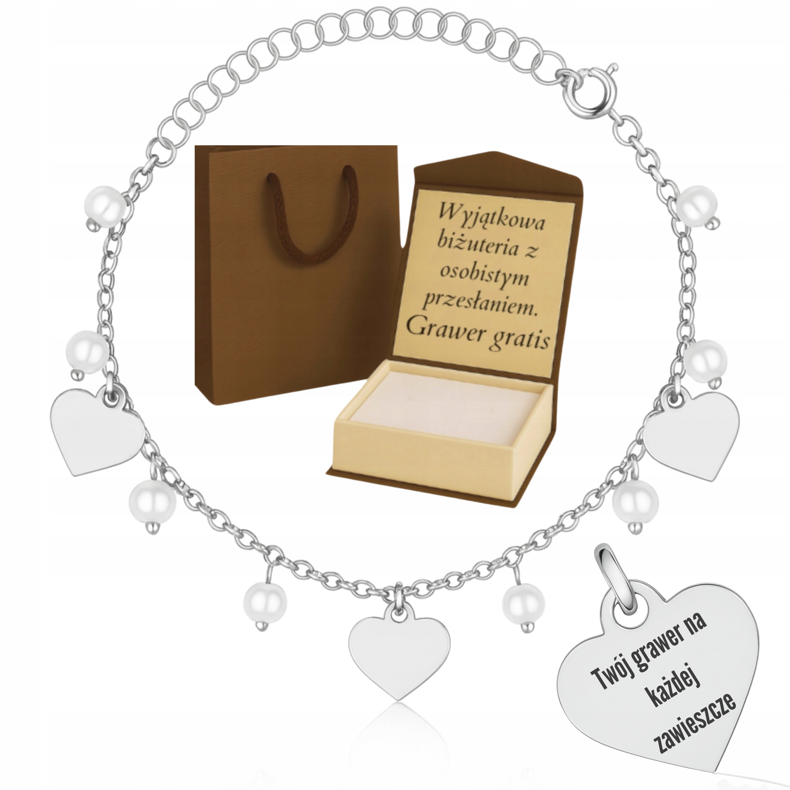 Stříbrný Dámský Náramek PR.925 Rhodiovaná Perla Srdce Gravírování Dárek