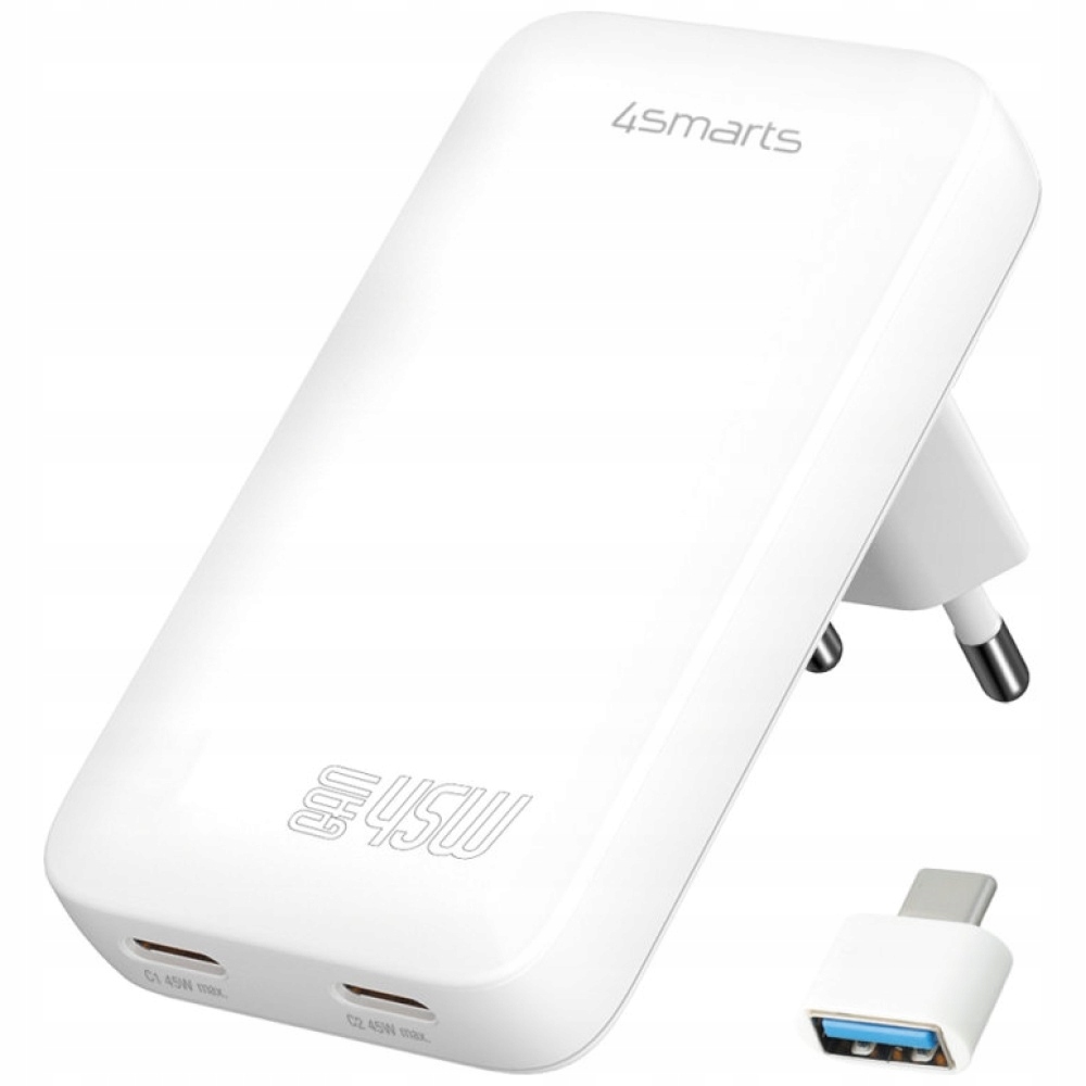 Síťová nabíječka 4smarts FlatPlug Slim Dual 45W GaN 2xUSB-C bílá
