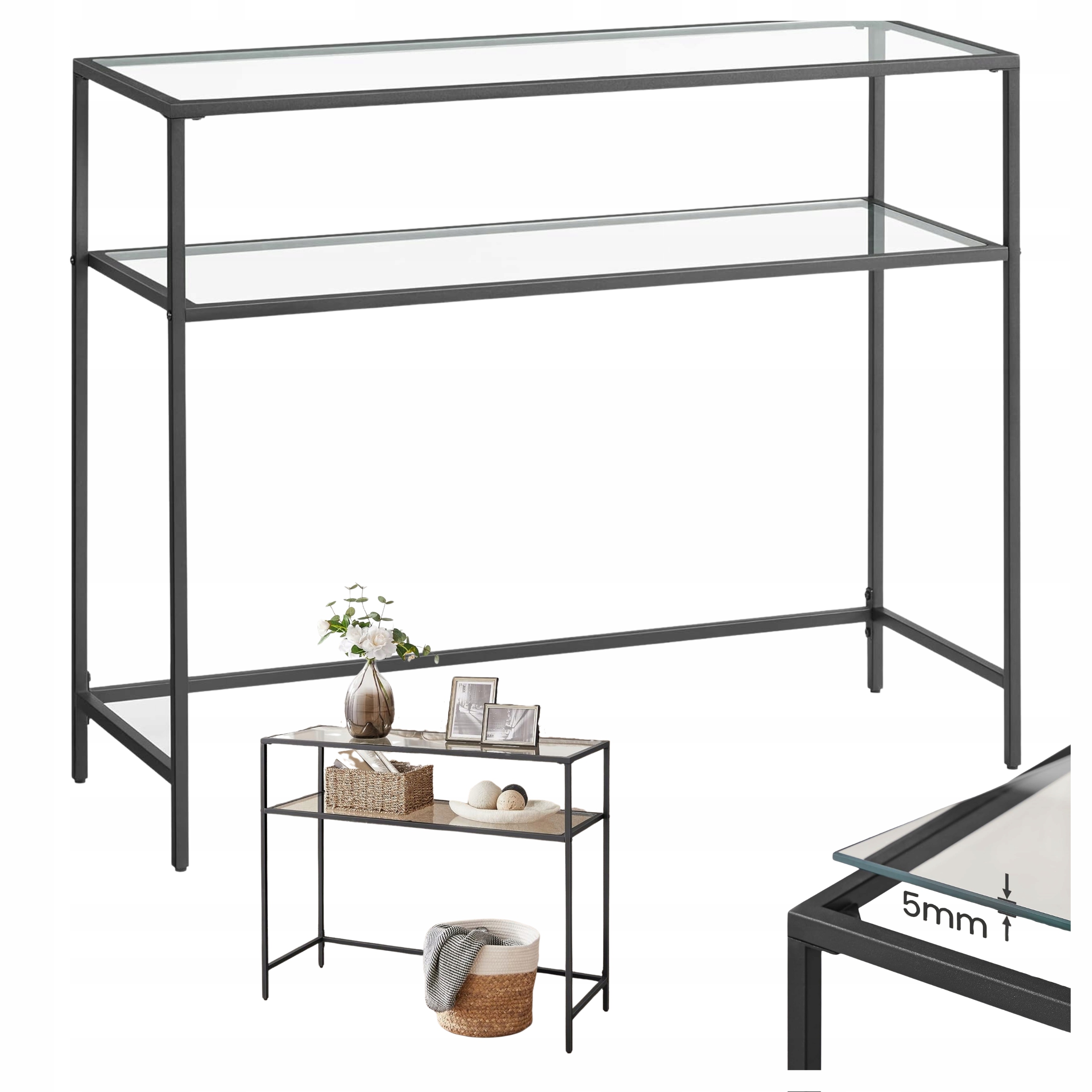 Bočná konzola, obdĺžnikový stolík tvrdené sklo 100x35x80 cm, 2 police, čierna