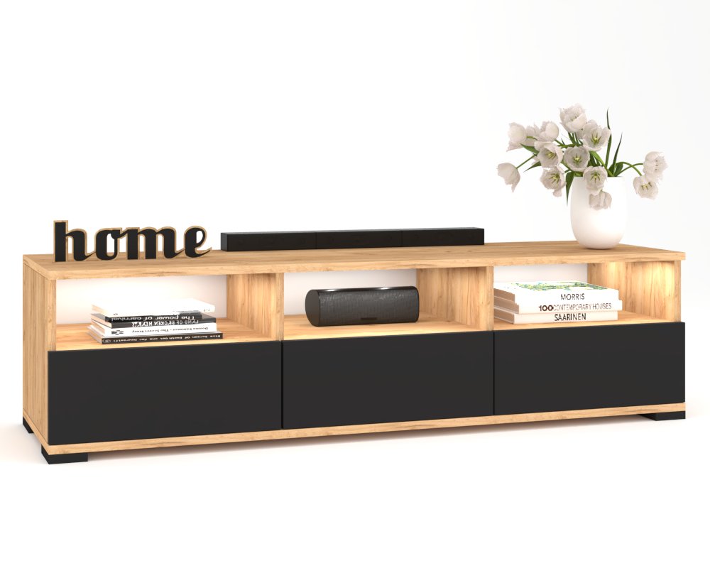 Rtv skříňka Komoda se zásuvkami Police do obývacího pokoje Hania Craft Černá 150 Led