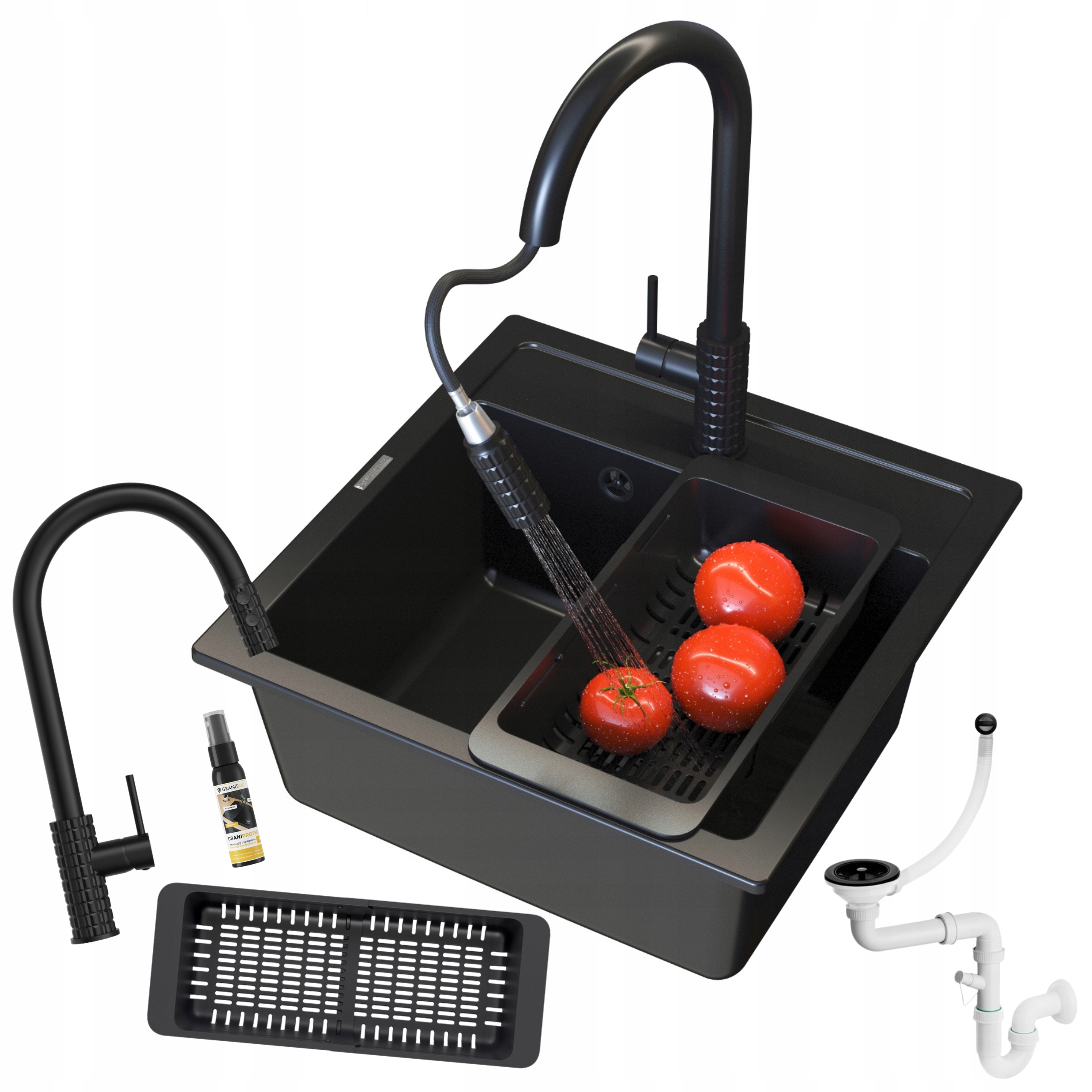 Dřez Černý granitový Malmo Sada Dřez baterie Snake Pro černá syf