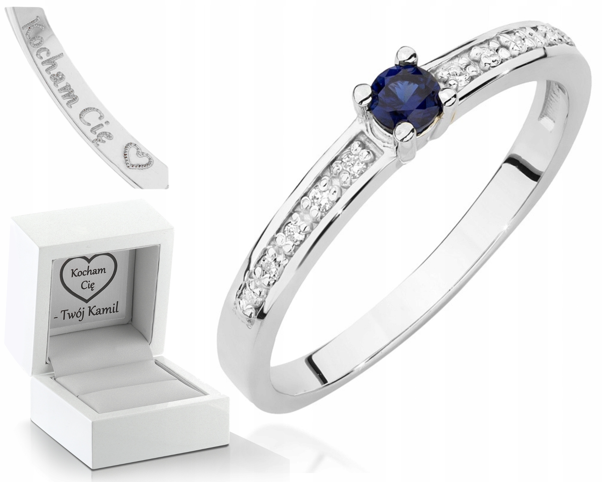 Bílé Zlato Prstýnek Safírový Briliant 585 Gravírování