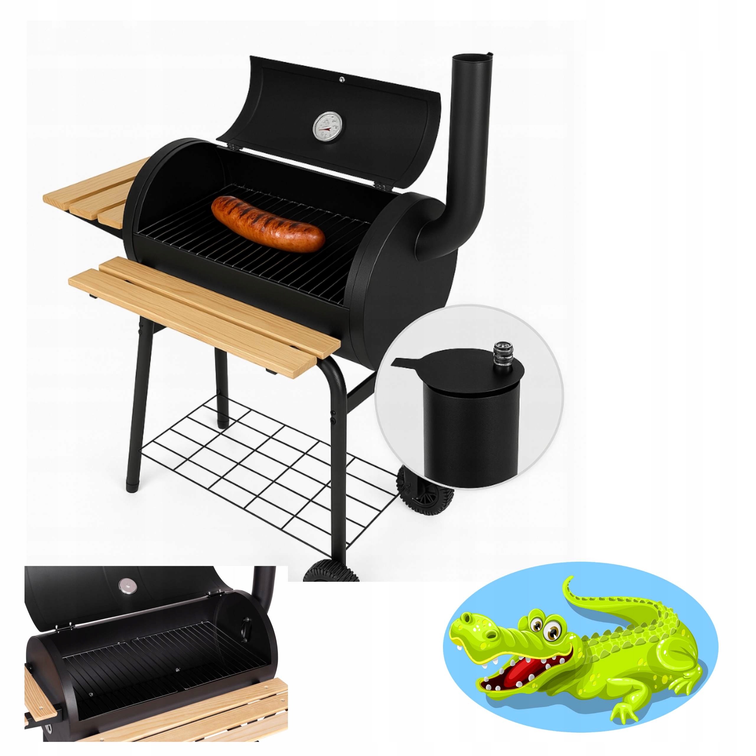 Grill ogrodowy węglowy duży z pokrywą, termometrem i kominem na kółkach