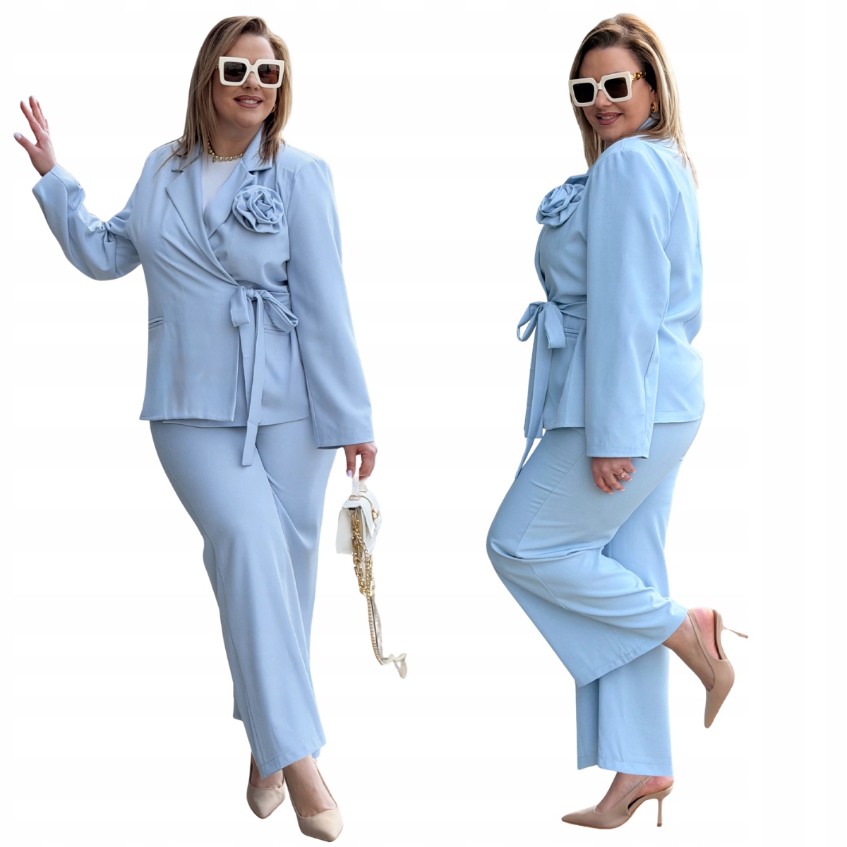 Garnitur Plus Size Wesele Duże Rozmiary Damski Cavaricci Błękitny